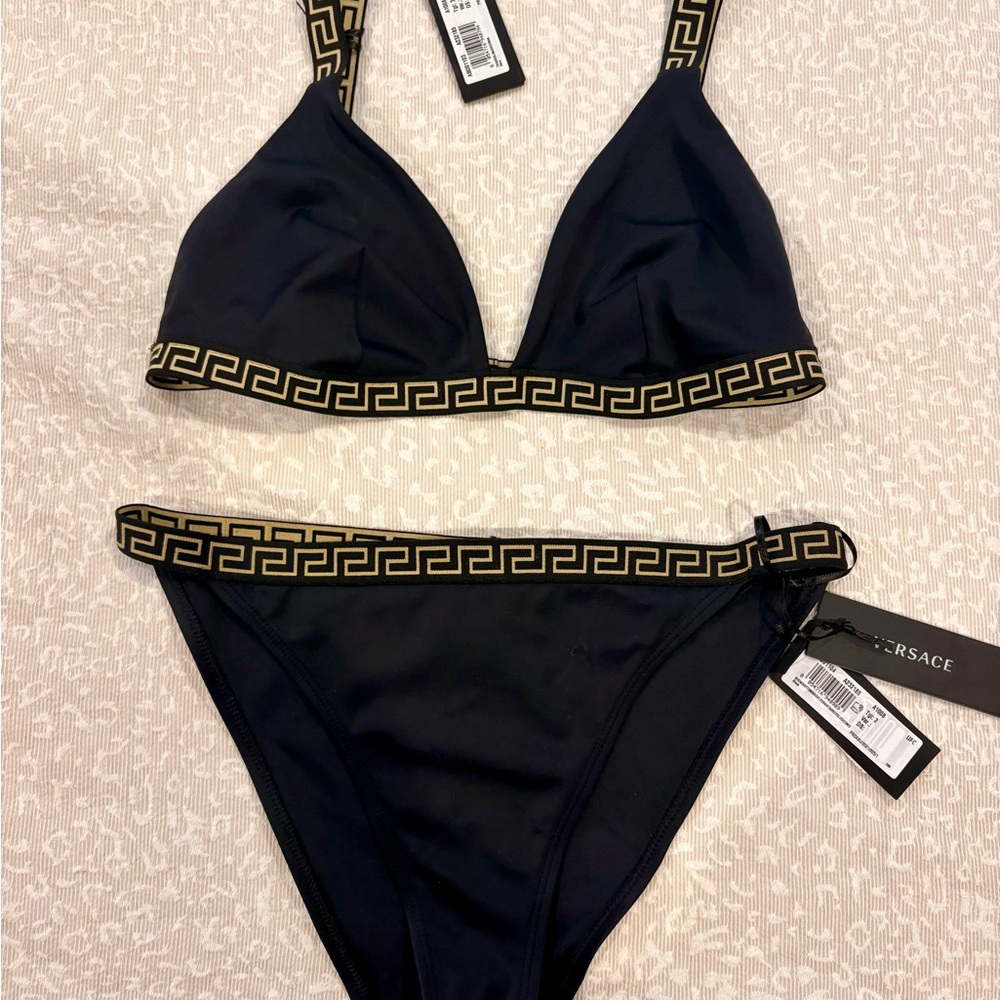 Versace Black Bikini Set with Gold Greek Key Trim top  size 3 bottom size 2